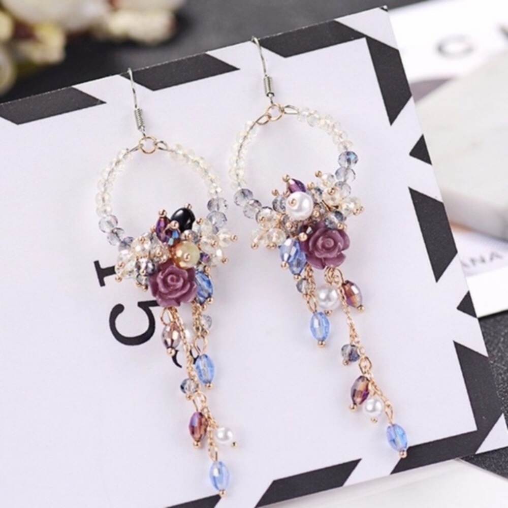 Crystal and Bead Flower Drop Earrings